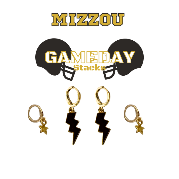 Mizzou Classic Gameday Earring Stack with black mini enamel bolts and golden yellow baby stars