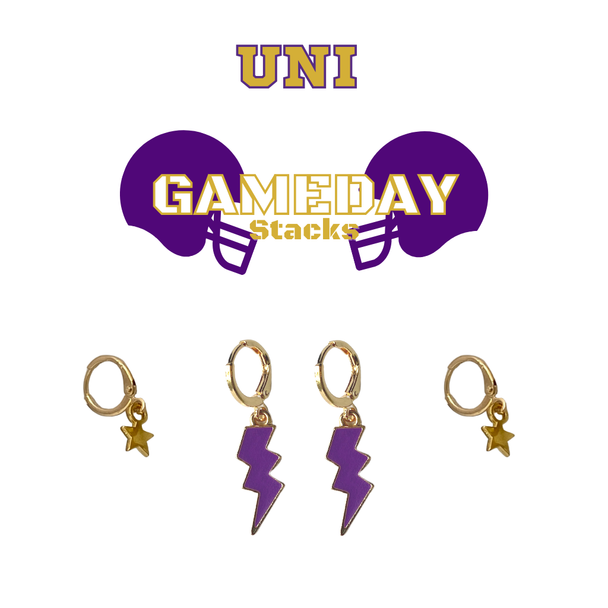 Northern Iowa Classic Gameday Earring Stack in purple and golden yellow, Panthers huggie hoop earrings