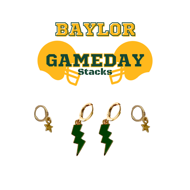 Baylor Classic Gameday Earring Stack with green mini enamel bolts and gold baby stars
