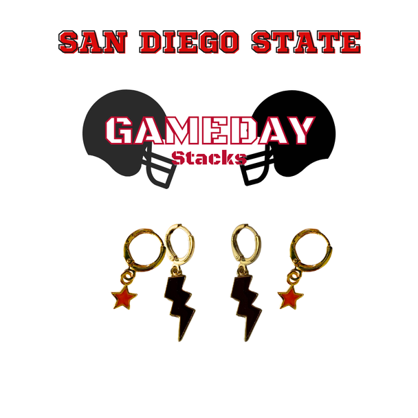 San Diego State Classic Gameday Earring Stack with red mini enamel bolts and black baby stars