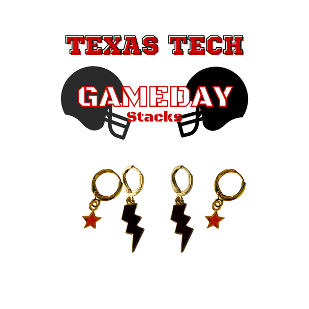 Texas Tech Classic Gameday Earring Stack with red mini enamel bolts and black baby stars