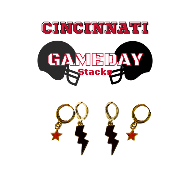 Cincinnati Classic Gameday Earring Stack with red mini enamel bolts and black baby stars