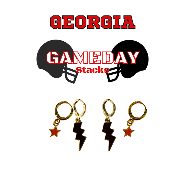 Georgia Classic Gameday Earring Stack with red mini enamel bolts and black baby stars