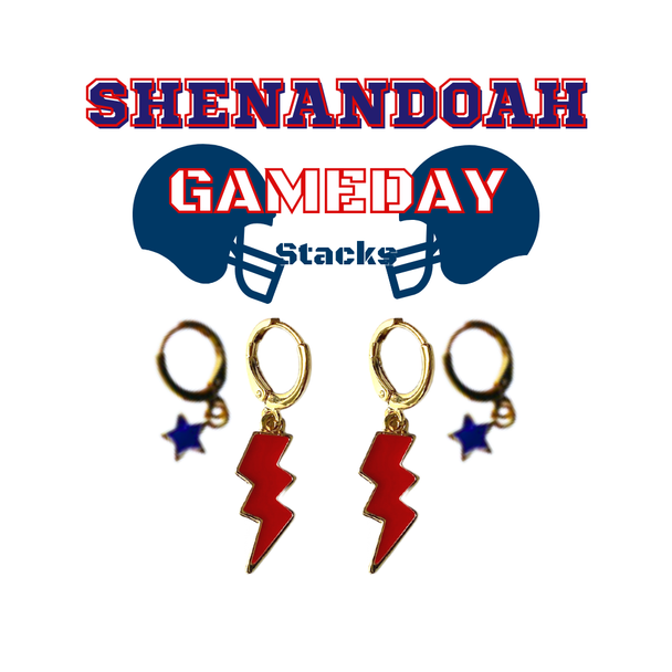 Shenandoah Classic Gameday Earring Stack with red mini enamel bolts and navy baby stars