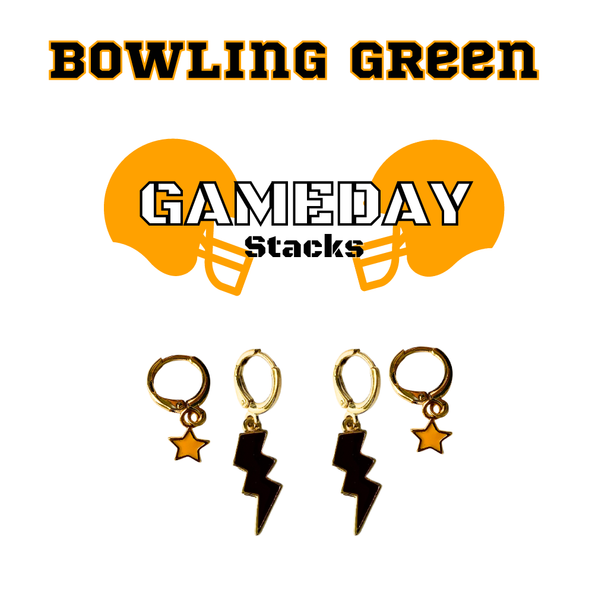 Bowling Green Classic Gameday Earring Stack with black mini enamel bolts and orange baby stars