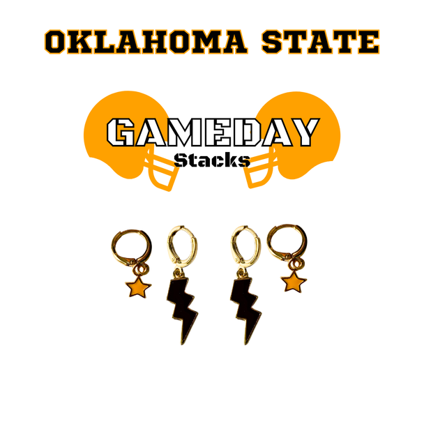 Oklahoma State Classic Gameday Earring Stack with black mini enamel bolts and orange baby stars