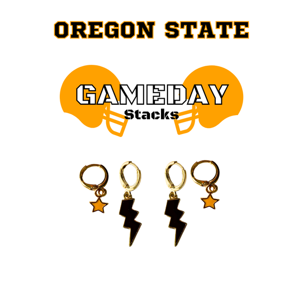Oregon State Classic Gameday Earring Stack with black mini enamel bolts and orange baby stars