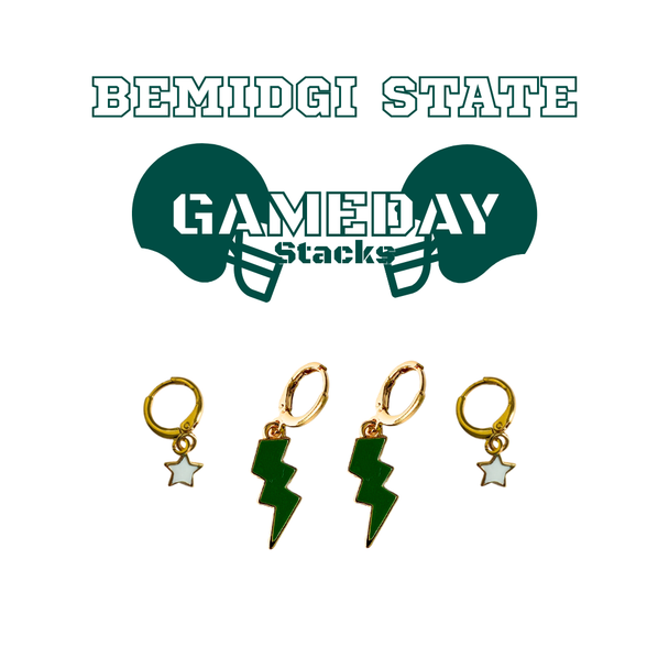 Bemidji State Classic Gameday Earring Stack with green mini enamel bolts and white baby stars