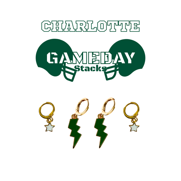 UNC Charlotte Classic Gameday Earring Stack with green mini enamel bolts and white baby stars