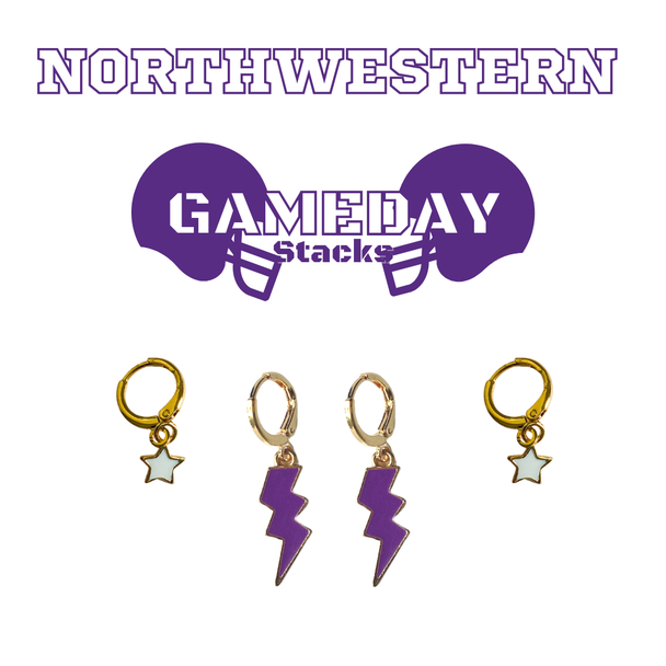 Northwestern Classic Gameday Earring Stack with purple mini enamel bolts and white baby stars