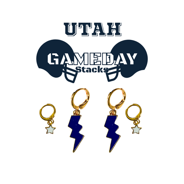 Utah State Classic Gameday Earring Stack with navy mini enamel bolts and white baby stars