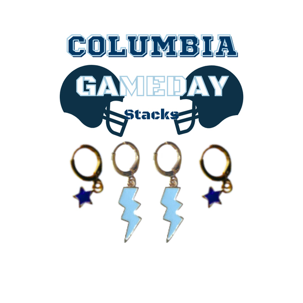 Columbia University Classic Gameday Earring Stack with baby blue mini enamel bolts and navy baby stars