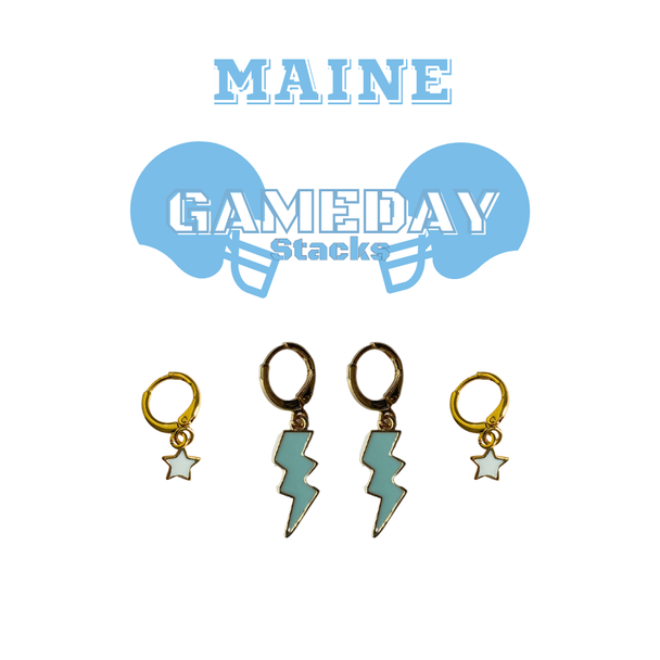 Maine Classic Gameday Earring Stack with baby blue mini enamel bolts and white baby stars