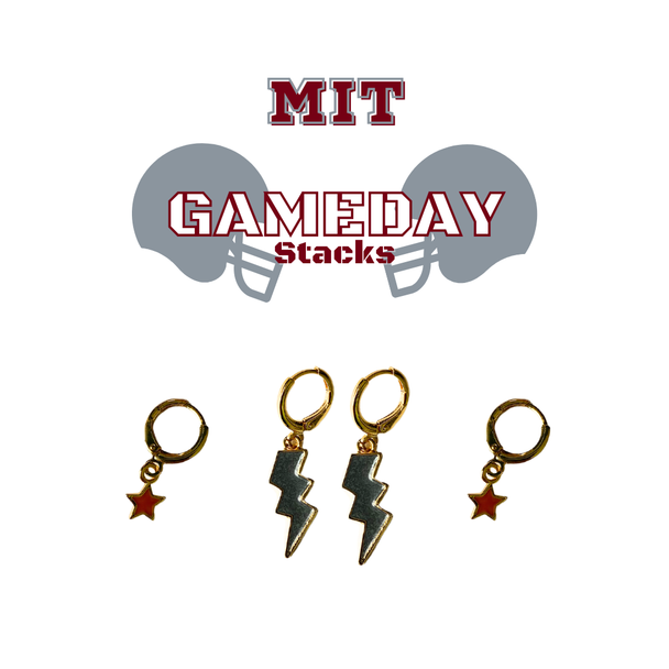 MIT Classic Gameday Earring Stack with maroon mini enamel bolts and grey baby stars