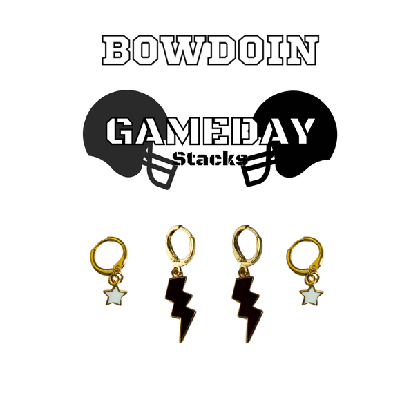 Bowdoin Classic Gameday Earring Stack with white mini enamel bolts and black baby stars