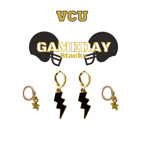 VCU Classic Gameday Earring Stack with black mini enamel bolts and gold baby stars