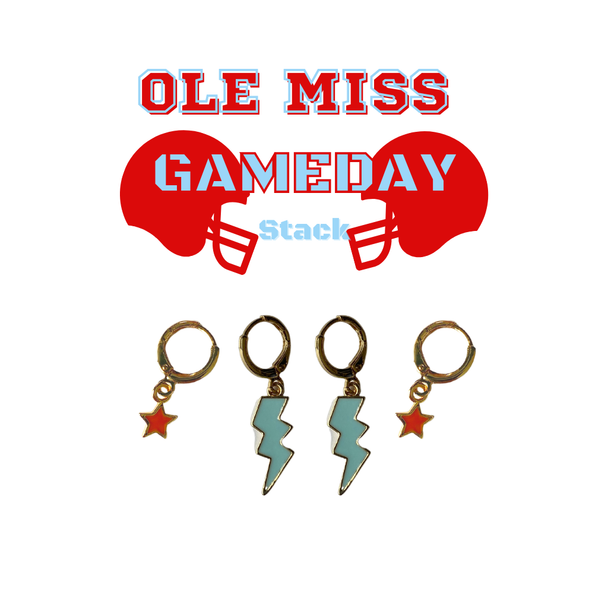 Ole Miss Classic Gameday Earring Stack with baby blue mini enamel bolts and red baby stars