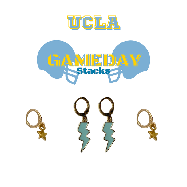 UCLA Classic Gameday Earring Stack with baby blue mini enamel bolts and golden yellow baby stars