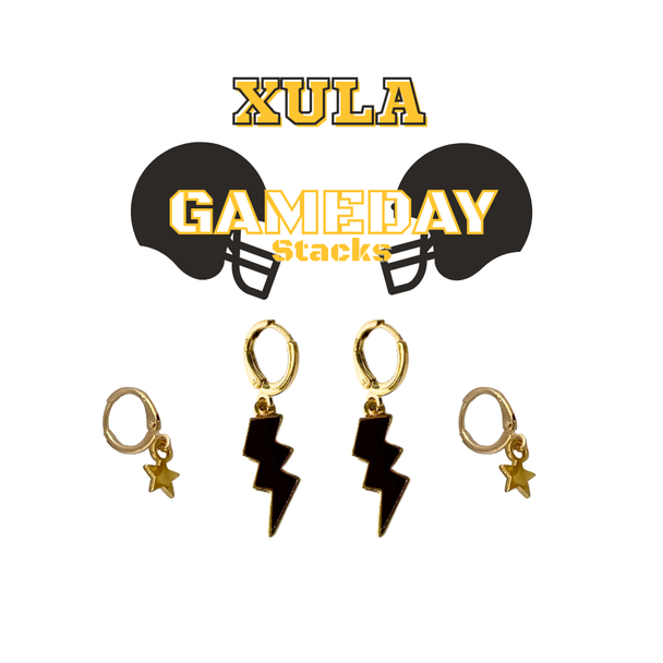 Xavier University of Louisiana Classic Gameday Earring Stack with black mini enamel bolts and golden yellow baby stars