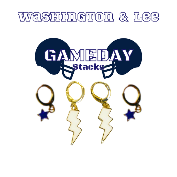 Washington and Lee Classic Gameday Earring Stack with white mini enamel bolts and navy baby stars