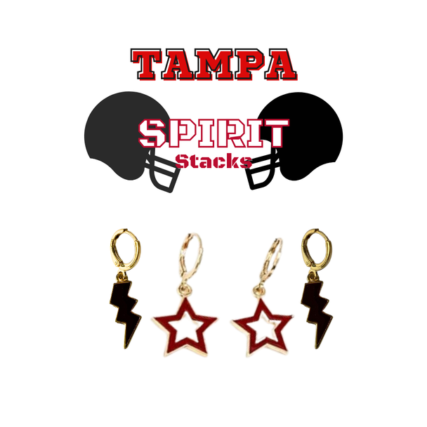 Tampa Spirit Earring Stack with red mini enamel bolts and black starboys