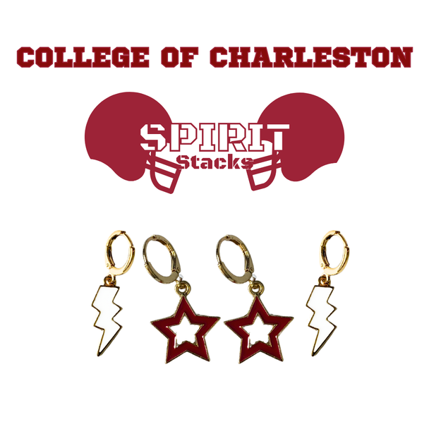 College of Charleston Spirit Earring Stack with maroon mini enamel bolts and white starboys