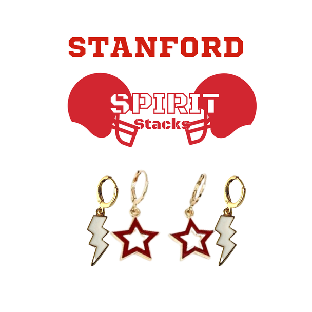 Stanford Spirit Earring Stack with white mini enamel bolts and red starboys