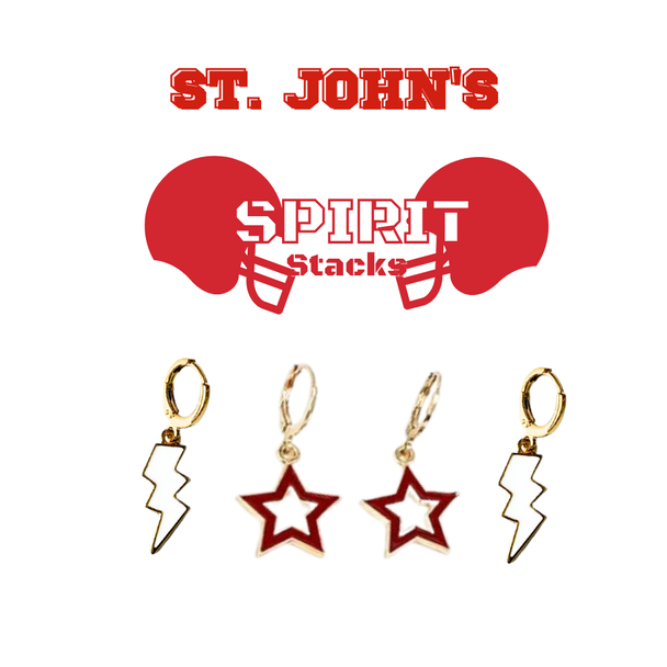 St. John's Spirit Earring Stack with red mini enamel bolts and white starboys