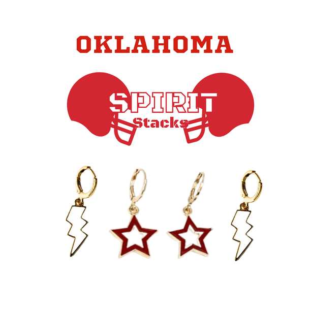 University of Oklahoma Spirit Earring Stack with white mini enamel bolts and red starboys