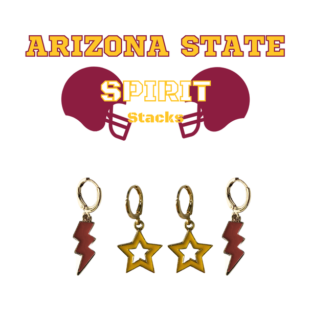 Arizona State Spirit Earring Stack with golden yellow mini enamel bolts and maroon starboys