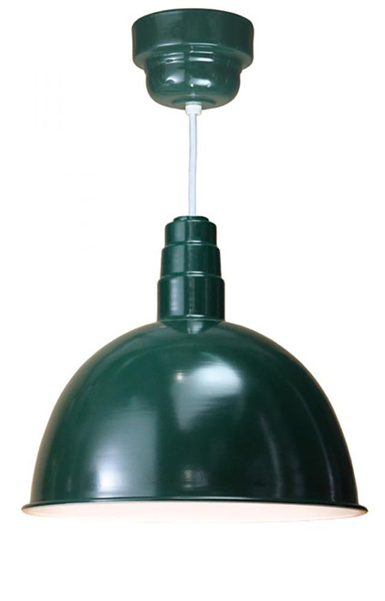 Chandeliers/Pendant Lights By American Nail Plate 18" Deep Bowl Shade with Frosted Glass and Wire Guard in Forest Green on a White cord using a 42w D618-42WPL RTC-WHC-200GLFR-GUP-42