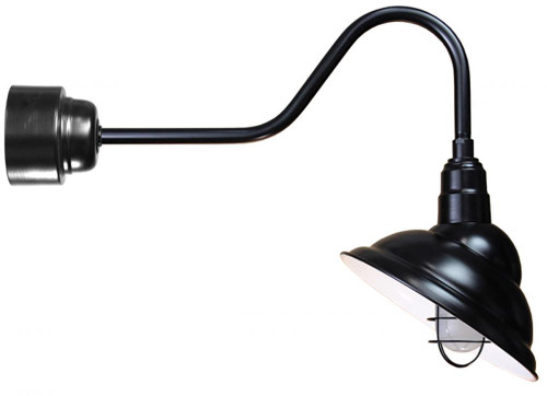 Outdoor Lights By American Nail Plate 14" Rounded Emblem Shade with frosted glass and wire guard on a gooseneck arm extension in Black M714-42WPL-RTC-E6-200GLFR-GUP-41