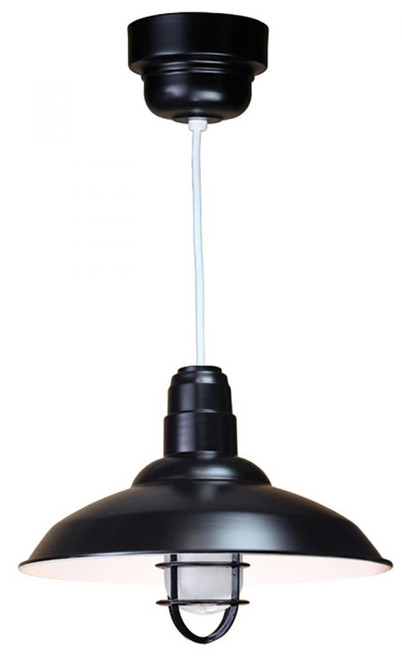 Chandeliers/Pendant Lights By American Nail Plate 16" Warehouse reflector Barn Style  Shade in Black with clear glass and cast guard on an 8'