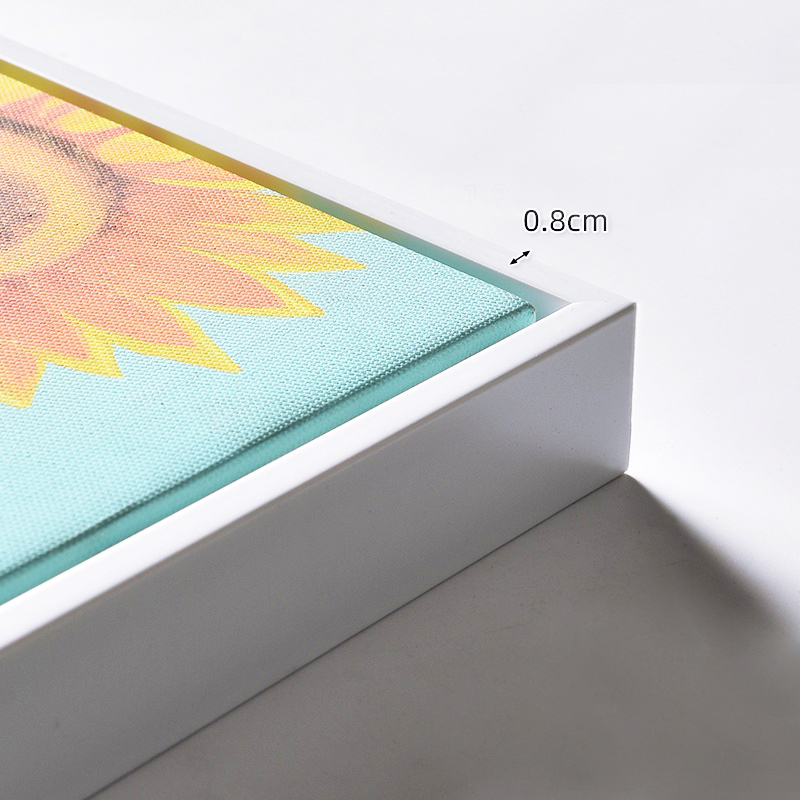 Close-up of White Floating Frame for Canvas showing premium craftsmanship and minimalist design
