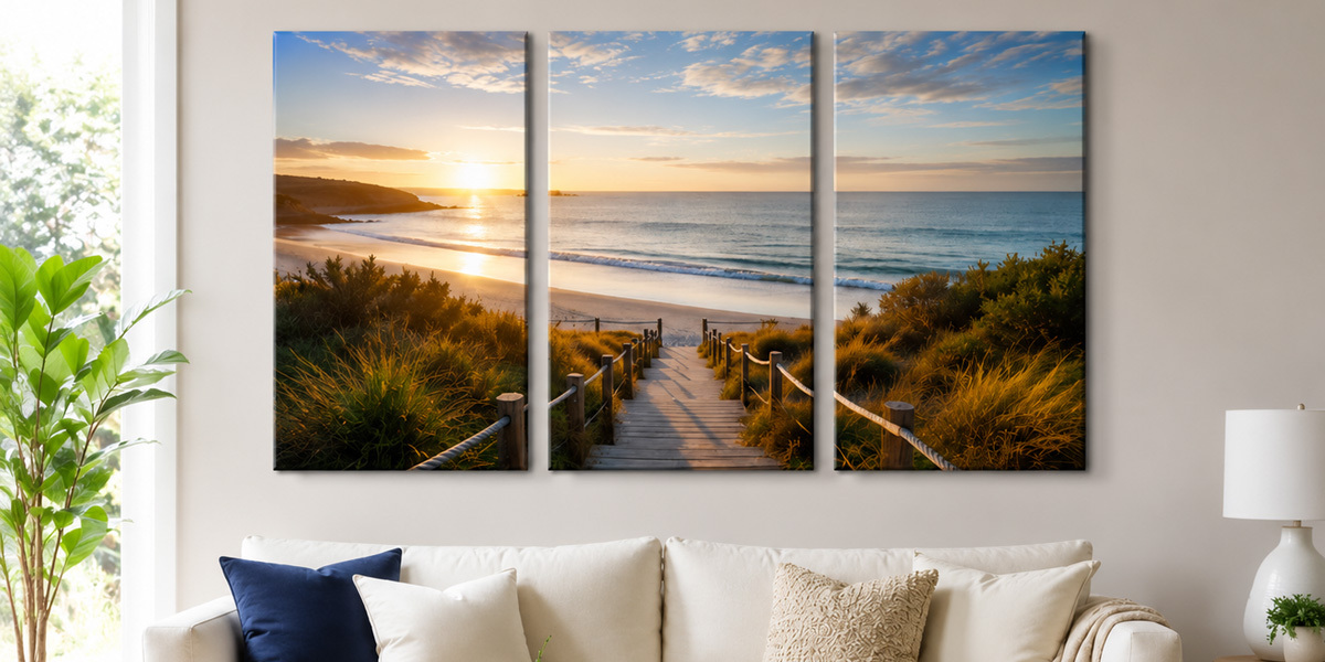 Three equal-size split canvas prints displayed above a sofa