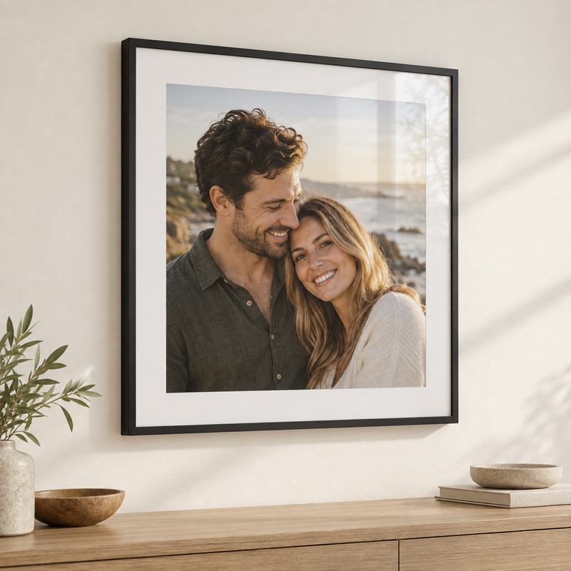 Paper print with a portrait photo displayed in a black frame