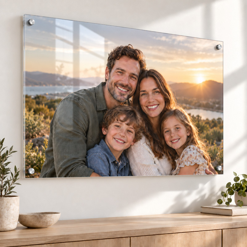 Custom acrylic photo print mounted on a wall with polished edges and metal fixing points