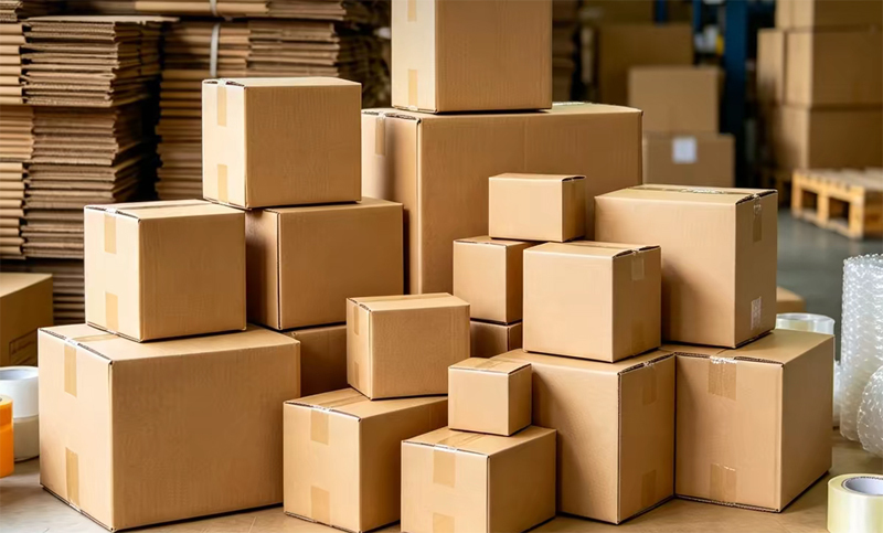 White-label packaging boxes prepared for print on demand order fulfillment and shipping