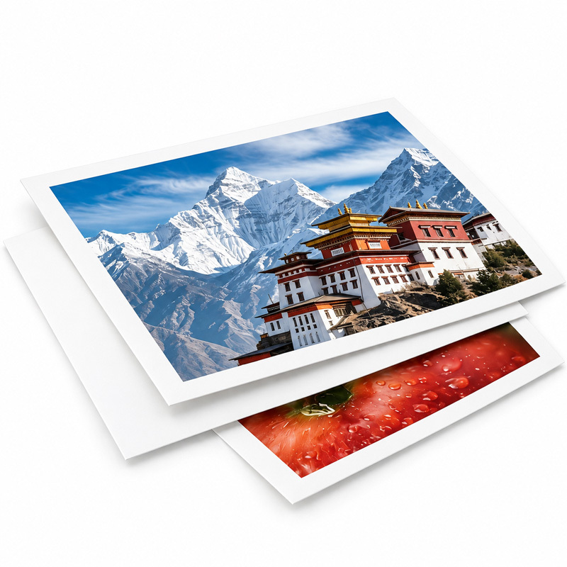 Overlapping paper prints with mountain and strawberry photographs and white borders