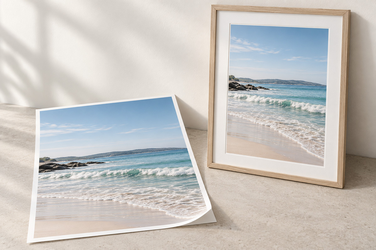 Coastal photograph displayed as an unframed paper print and a framed paper print