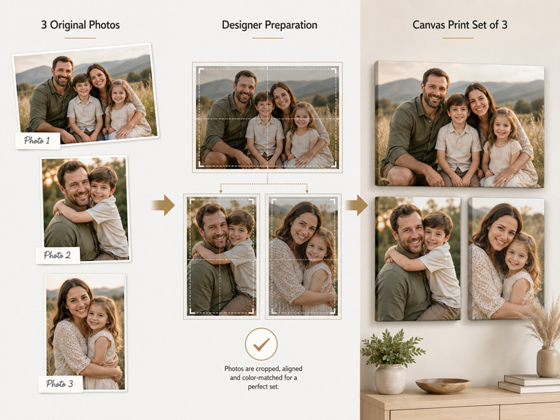 Designer reviewing three photos for a fixed canvas print wall display set of three