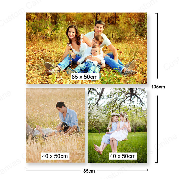 Large canvas print set of three with one 85 by 50 centimetre top canvas and two 40 by 50 centimetre lower canvases