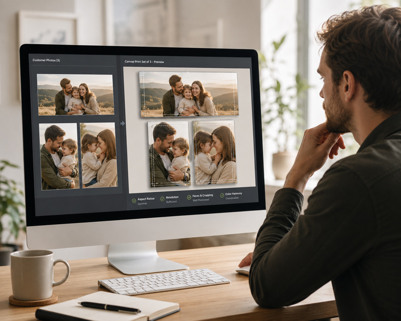 Three customer photos prepared as a fixed canvas print wall display set of three