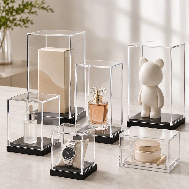 Clear acrylic display boxes for products collectibles samples and retail presentation