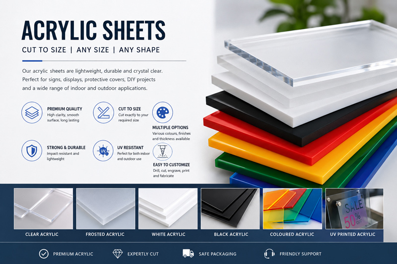 Acrylic sheets cut to size with clear, frosted, coloured and printed acrylic panel options