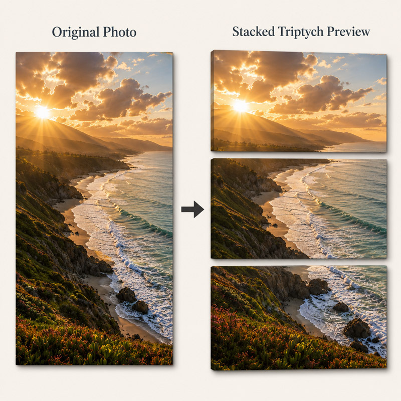 Portrait photo prepared for printing as three stacked canvas panels