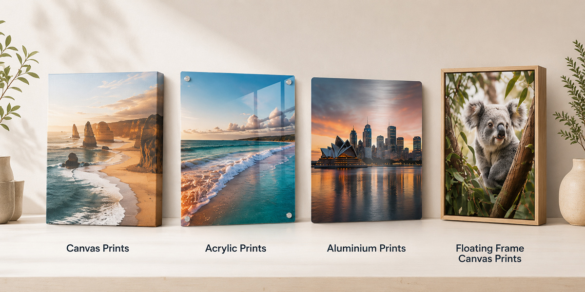 Canvas prints, acrylic prints, aluminium prints and floating frame canvas prints displayed for Australian customers
