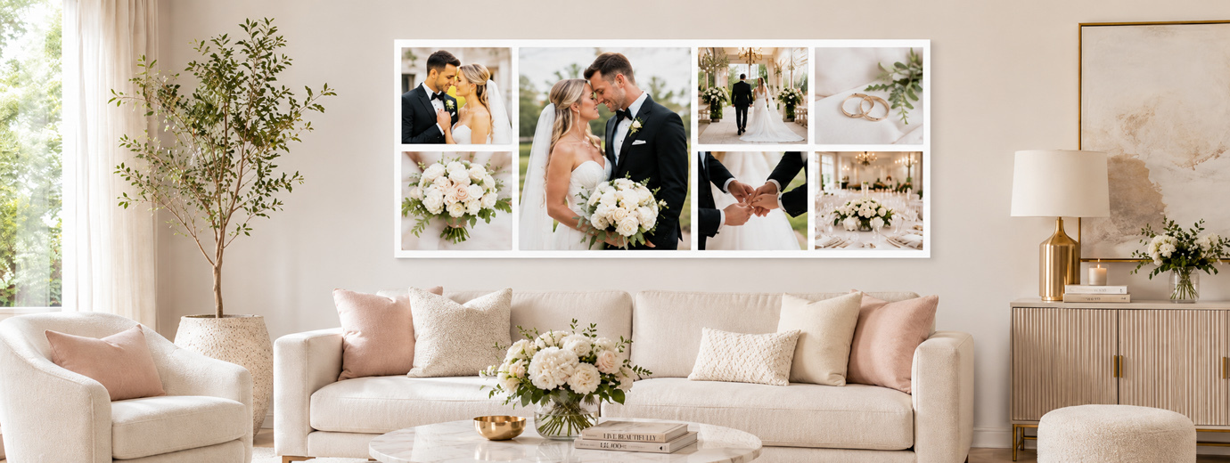 Canvas photo collage displayed on a modern living room wall