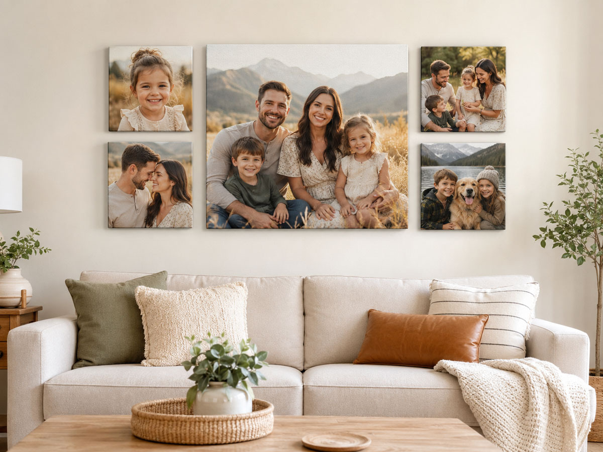 Canvas print set of five using five different photos with one large centre canvas and four smaller canvases