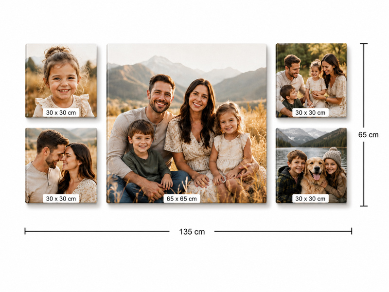 Canvas print set of five with one 65 by 65 centimetre centre canvas and four 30 by 30 centimetre smaller canvases